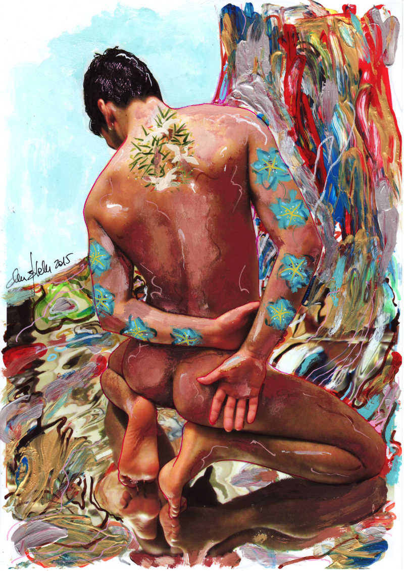Lois Davis Original Reclining Male Nude Mixed Media Painting